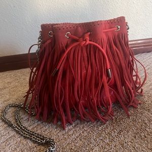 Stella McCartney Falabella fringe boho red bucket bag purse crossbody